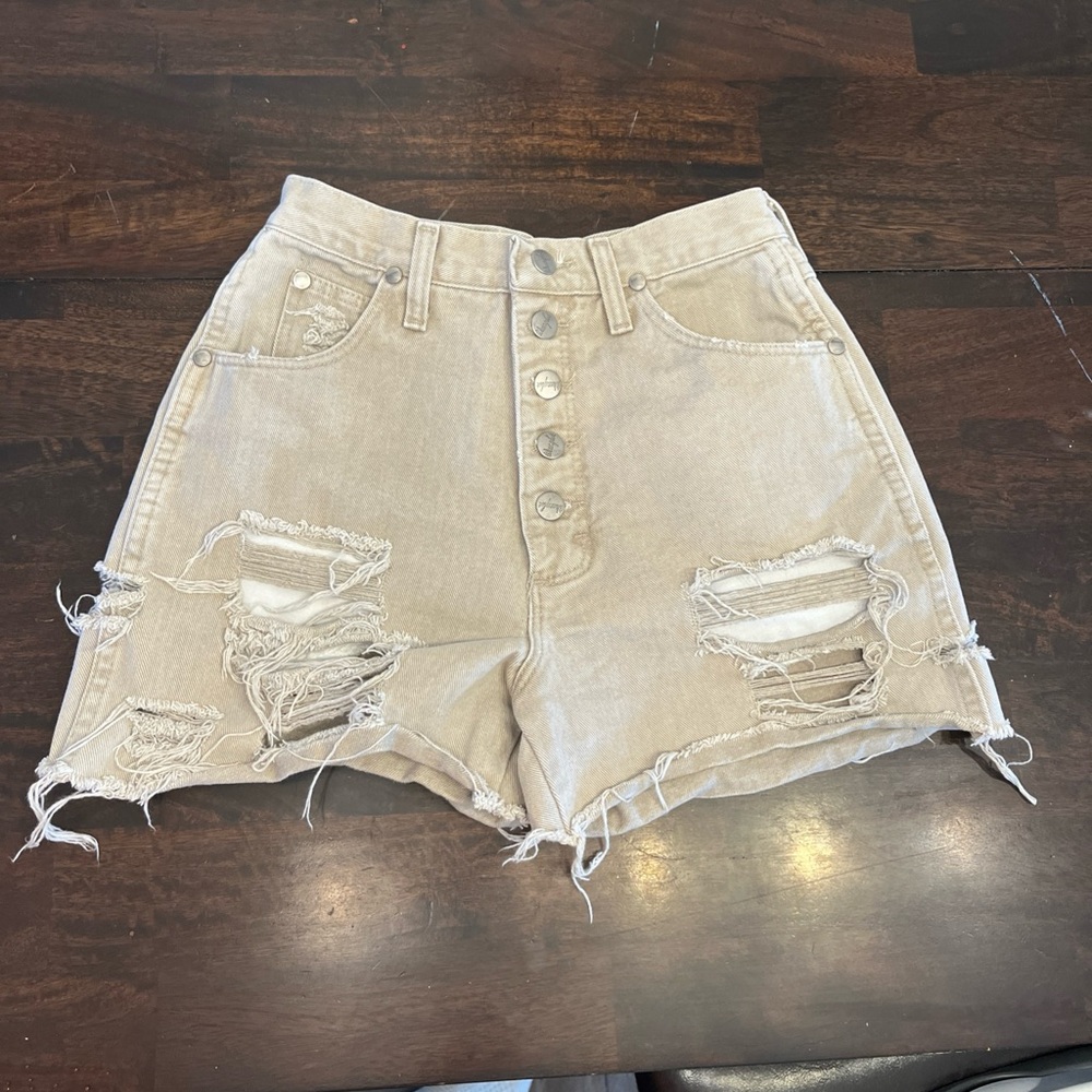 Wrangler  Distressed High Rise Denim Shorts Tan Button Cutoff Raw Hem Festival